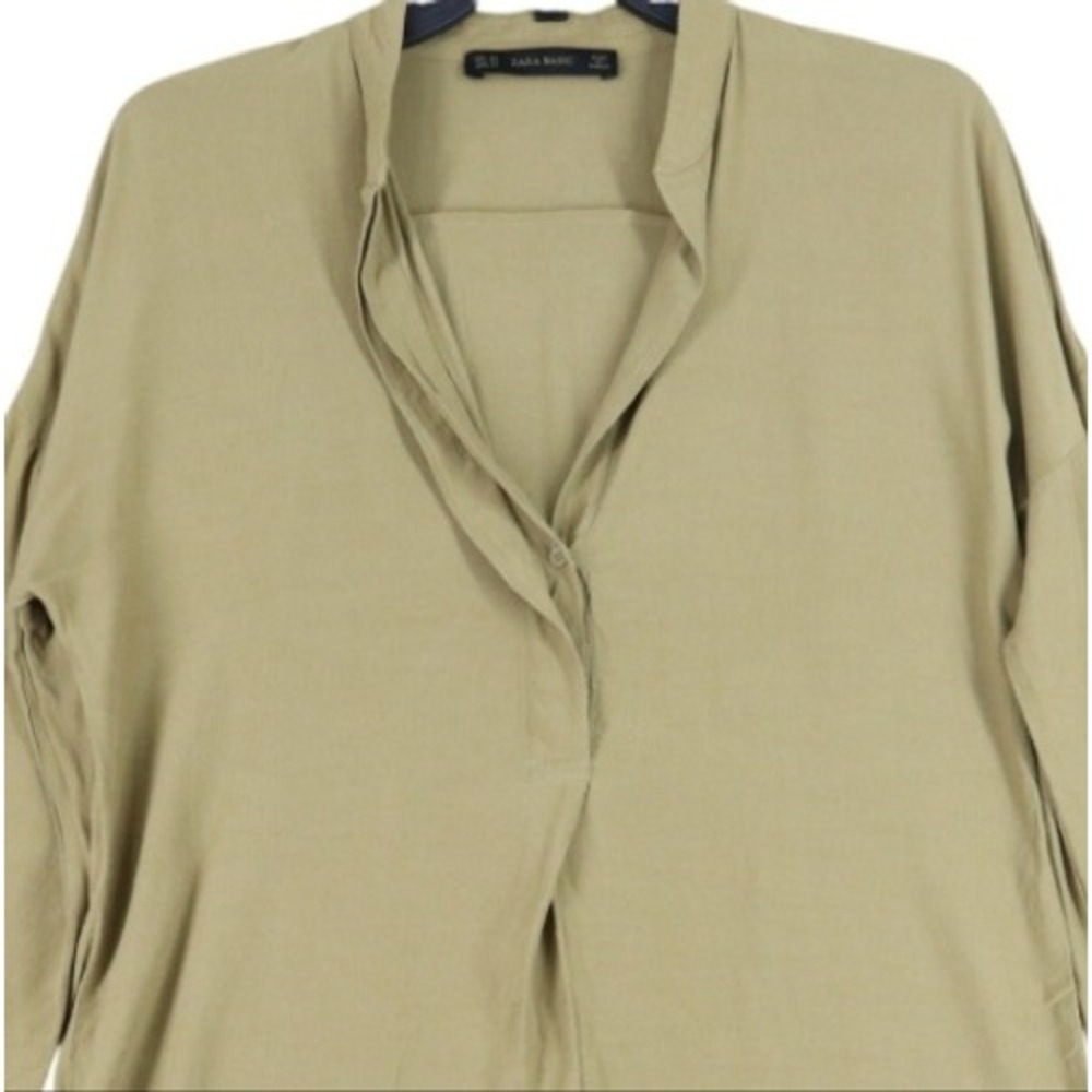 Zara Basic Long Sleeve Blouse Womens XS Split Neck High Low Hem Casual Workwear